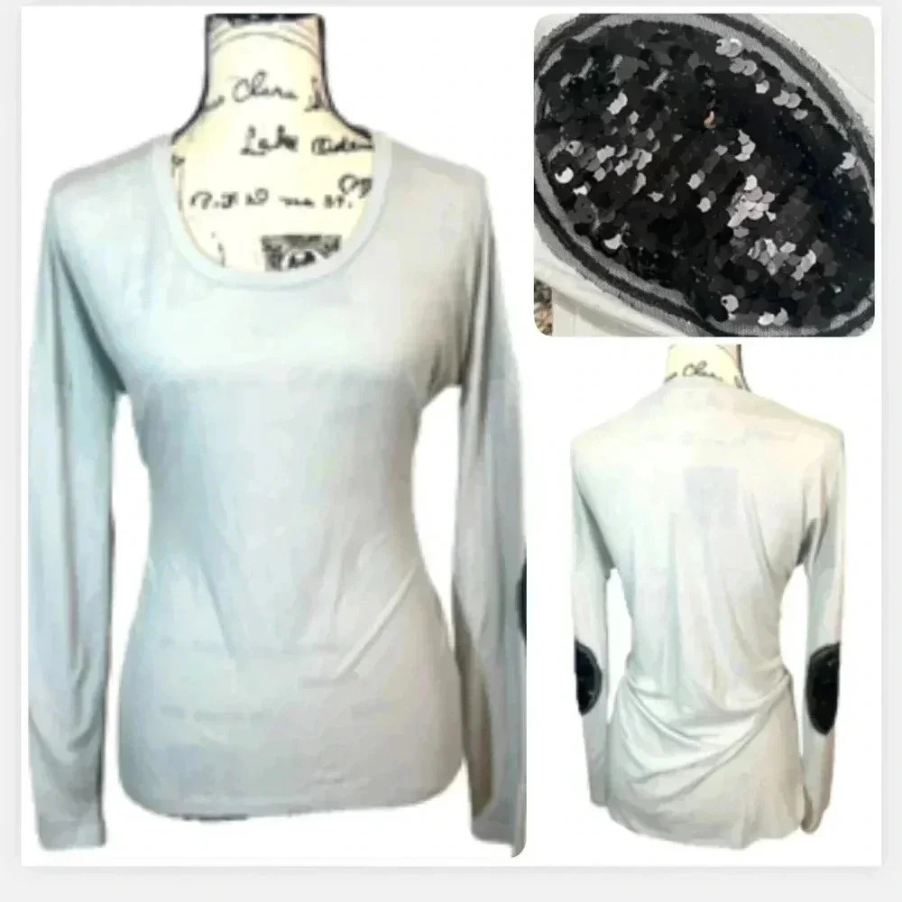 Gianni BINI Long Sleeve top. Light gray black sequin patches stretch size small